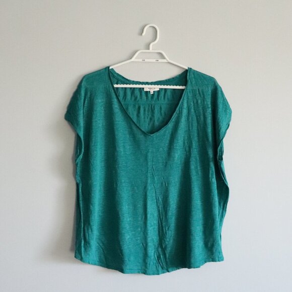 Babaton Women's Sz S Green 100% Linen Semi Sheer V-Neck Summer T-Shirt Top - Picture 1 of 10